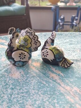 Hand-Painted Ceramic Peacock Salt & Pepper Shakers in White, Blue & Lime
